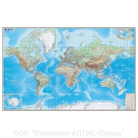Карта настенная Мир. Обзорная карта. Физическая с границами, М-1:15 млн., разм. 192х140 см, ламинированная - распродажа