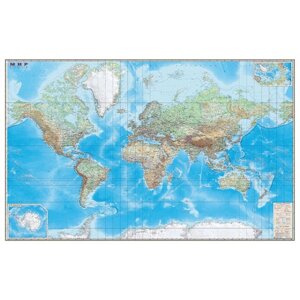 Карта настенная Мир. Обзорная карта. Физическая с границами, М-1:15 млн., разм. 192х140 см, ламинированная