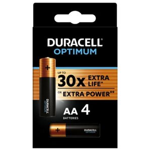 Батарейки КОМПЛЕКТ 4 шт., DURACELL Optimum, AA (LR6, 15А), х30 мощность, алкалиновые, пальчиковые