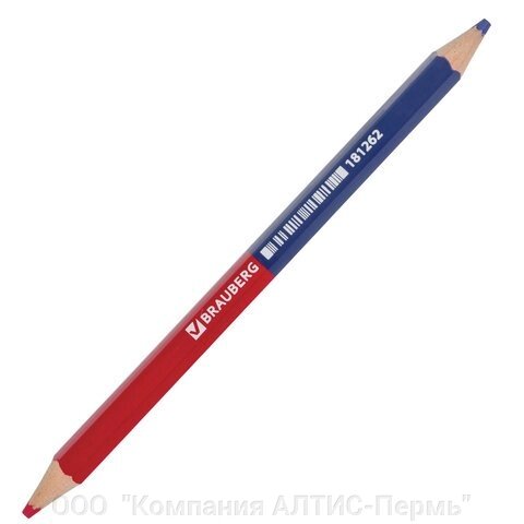 Карандаш двухцветный, красно-синий, утолщённый, BRAUBERG, заточенный, грифель 4,0 мм, 181262 - фото