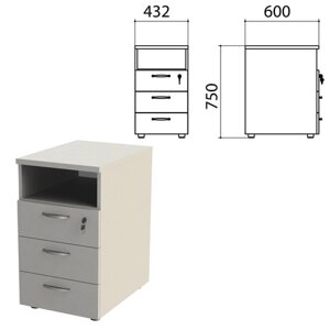Тумба приставная Этюд, 432х600х750 мм, 3 ящика, замок, полка, серый