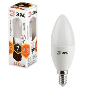 Лампа светодиодная ЭРА, 7 (60) Вт, цоколь E14, свеча, теплый белый свет, 30000 ч., LED smdB35-7w-827-E14