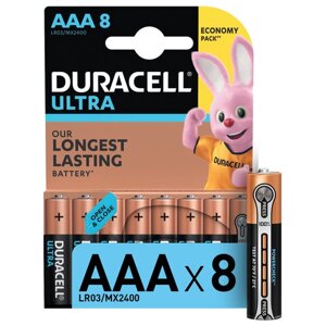 Батарейки КОМПЛЕКТ 8 шт., DURACELL Ultra, AAA (LR03, 24А), алкалиновые, мизинчиковые, блистер