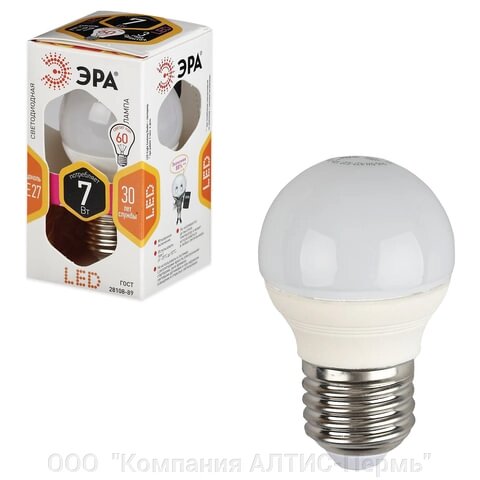 Лампа светодиодная ЭРА, 7 (60) Вт, цоколь E27, шар, теплый белый свет, 30000 ч., LED smd. P45-7w-827-e27 - отзывы