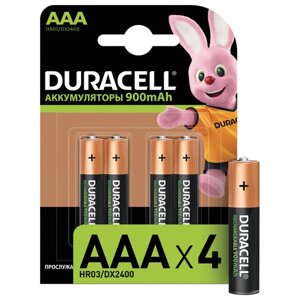 Батарейки аккумуляторные КОМПЛЕКТ 4 шт., DURACELL, AAA (HR03), Ni-Mh, 900 mAh, блистер