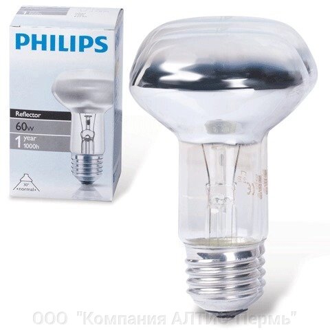 Лампа накаливания PHILIPS Spot R63 E27 30D, 60 Вт, зеркальная, колба d = 63 мм, цоколь E27, угол 30°043665 - заказать