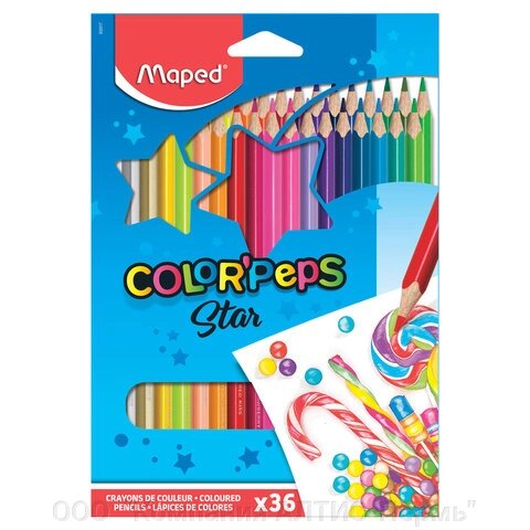 Карандаши цветные MAPED Color&#039;Peps Star, 36 цветов, трехгранные, заточенные, европодвес, 832017 - ООО  &quot;Компания АЛТИС-Пермь&quot;