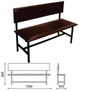 Банкетка со спинкой Берта 1500х455х864 мм, усиленная, черный каркас, кожзам коричневый
