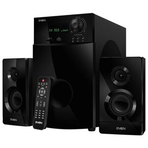 Колонки компьютерные SVEN AC MS-2100, 2.1, 80 Вт, часы, FM-тюнер, дерево, черные, SV-012236