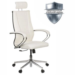 Кресло офисное МЕТТА К-34 хром, экокожа, подголовник, сиденье и спинка мягкие, белое