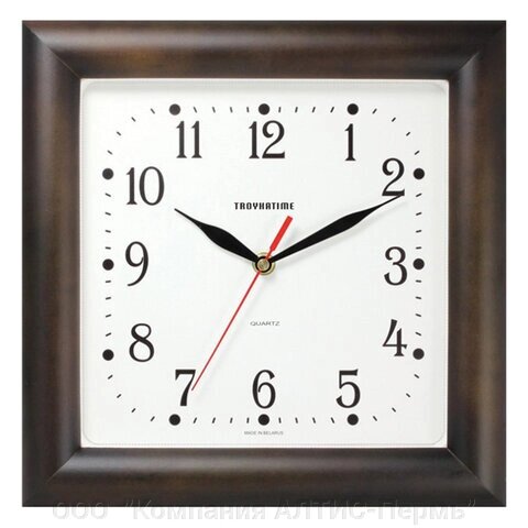 Часы настенные TROYKATIME (TROYKA) 81863835, квадрат, белые, коричневая рамка, 29х29х3,5 см - опт