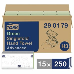 Полотенца бумажные, 250 шт., TORK (Система H3) Advanced, комплект 15 шт., 2-слойные, зеленые, 25х23, ZZ (V), 290179