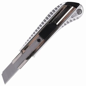 Нож канцелярский 18 мм BRAUBERG Metallic, металлический корпус (рифленый), автофиксатор, блистер, 235401