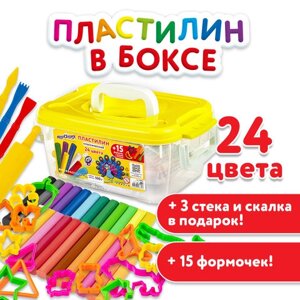 Пластилин в боксе ЮНЛАНДИЯ, 24 цвета, 500 г, скалка, 3 стека, 15 формочек, 105865