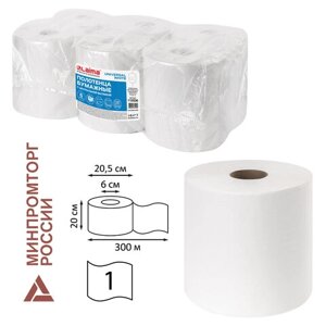 Полотенца бумажные с центральной вытяжкой 300 м, LAIMA (Система M2) UNIVERSAL WHITE, 1-слойные, белые, КОМПЛЕКТ 6
