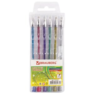 Ручки гелевые brauberg jet, набор 6 цветов, металлик, узел 0,7 мм, линия письма 0,5 мм, 141029