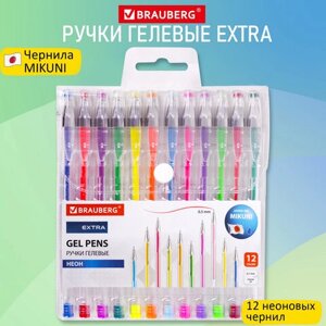 Ручки гелевые неон brauberg EXTRA, набор 12 цветов, узел 0,7 мм, линия 0,35 мм, 143912