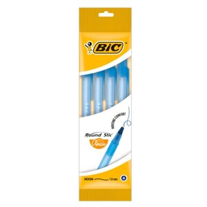 Ручки шариковые BIC Round Stic, НАБОР 4 шт., СИНИЕ, узел 1 мм, линия письма 0,32 мм, пакет, 944176