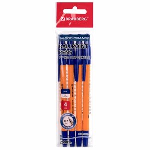 Ручки шариковые brauberg M-500 orange, набор 4 шт., синие, узел 0,7 мм, линия письма 0,35 мм, 143950