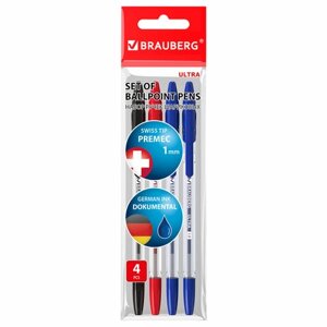 Ручки шариковые BRAUBERG ULTRA, НАБОР 4 штуки (2 синих, 1 черная, 1 красная), узел 1 мм, 143569