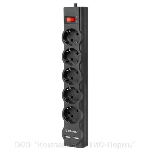 Сетевой фильтр DEFENDER DFS 753, 5 розеток, 2 разъема USB, 3 м, черный, 99753 от компании ООО  "Компания АЛТИС-Пермь" - фото 1