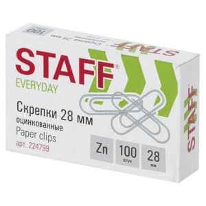 Скрепки STAFF EVERYDAY, 28 мм, оцинкованные, 100 шт., в картонной коробке, 224799