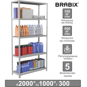Стеллаж металлический BRABIX MS Plus-200/30-5, 2000х1000х300 мм, 5 полок, регулируемые опоры, 291108
