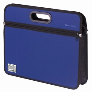 Сумка пластиковая BRAUBERG, А4+390х315х70 мм, на молнии, внешний карман, фактура бисер, синяя, 225167