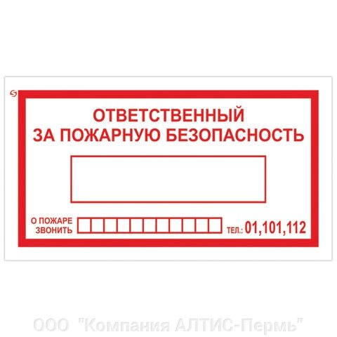 Знак вспомогательный Ответственный за пожарную безопасность, 250х140 мм, пленка самоклеящаяся, 610049/В43 от компании ООО  "Компания АЛТИС-Пермь" - фото 1