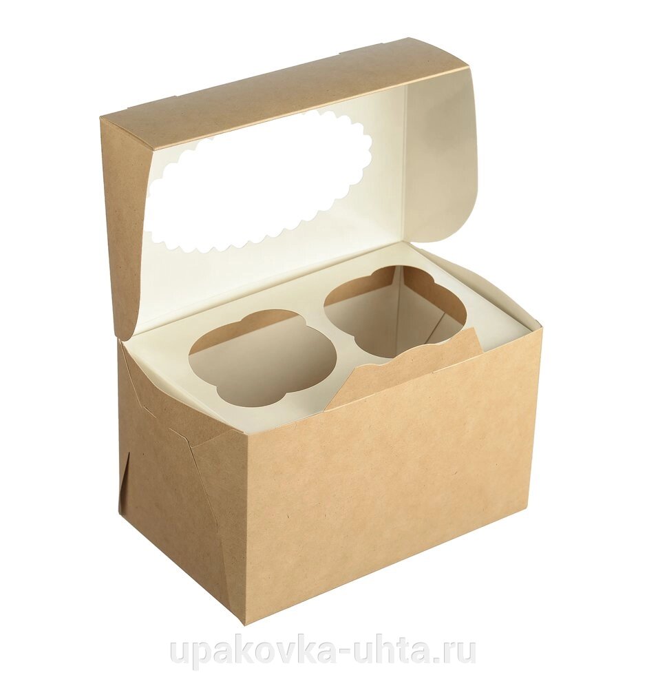 Коробка для маффинов на  2шт Крафт 100*160*100мм, с окном /200шт от компании "ПолиПак" ПАКЕТЫ - фото 1