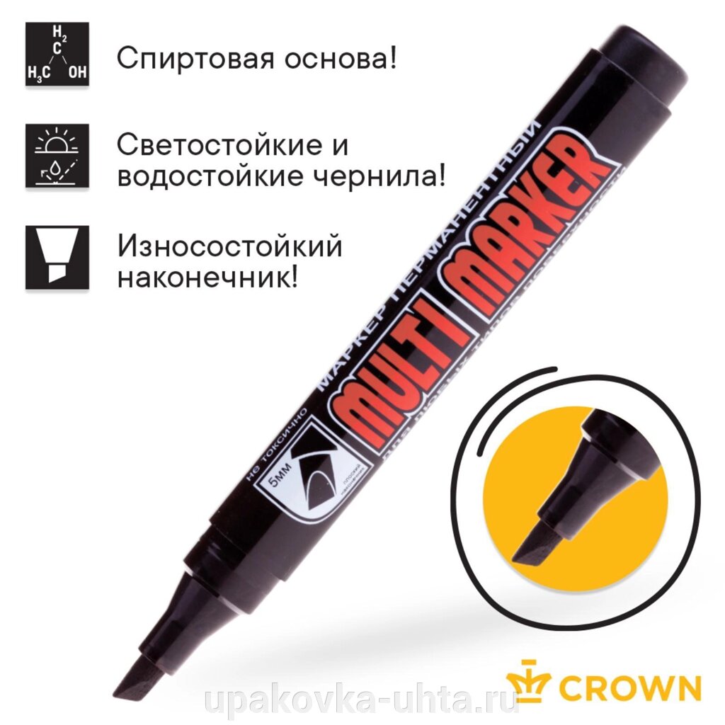 Маркер перманентный скошенный, "Crown" MULTI MARKER, линия 1-5мм, черный (спиртовой) /12шт в уп от компании "ПолиПак" ПАКЕТЫ - фото 1