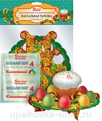 Подставка для яиц "Пасхальная тарелка" + 4 красителя /12шт в кор от компании "ПолиПак" ПАКЕТЫ - фото 1