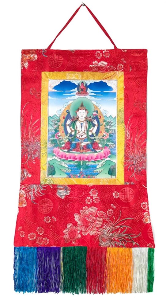 Баннерная Тханка Авалокитешвара (Ченрезиг) в шелковой обшивке 32х43 см от компании Интернет-магазин "Арьяварта" - фото 1