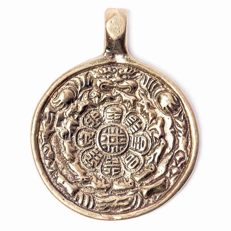 Буддийский мелонг из латуни с изображением тибетского календаря диаметр 4,5 см от компании Интернет-магазин "Арьяварта" - фото 1