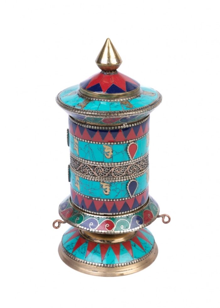 Молитвенный барабан настольный h 16 см, диаметр 7,5 см украшен бирюзой, кораллом и лазуритом от компании Интернет-магазин "Арьяварта" - фото 1