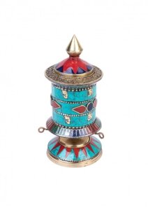 Молитвенный барабан настольный h-14 см, диаметр 7,5 см украшен бирюзой, кораллом и лазуритом