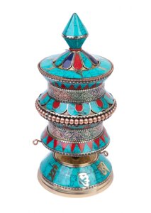 Молитвенный барабан настольный h 21см, диаметр 10 см, украшен бирюзой, кораллом и лазуритом
