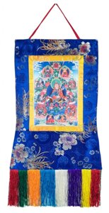 Баннерная Тханка Гуру Ценгье (Восемь проявлений Драгоценного учителя Гуру Ринпоче) в шелковой обшивке 32х43 см