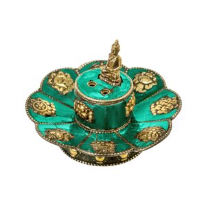 Подставка для благовоний из металла Лотос с Буддой украшена бирюзой диаметр 10,5 см