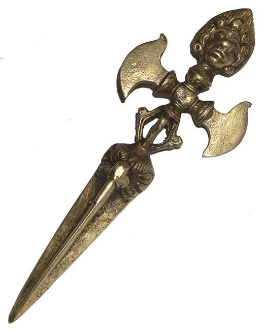 Ритуальный нож Пурба длиной 14 см золотистого оттенка с дигугами от компании Интернет-магазин "Арьяварта" - фото 1