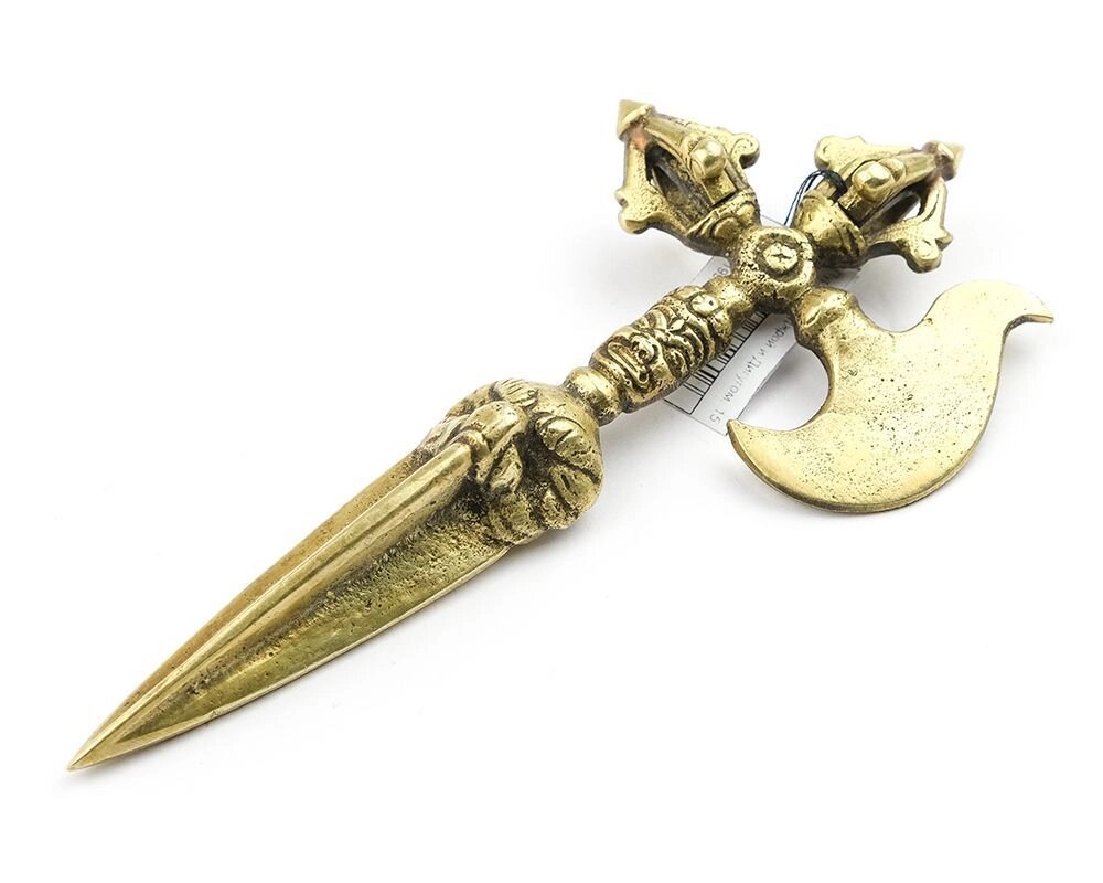 Ритуальный нож Пурба длиной 15 см золотистого оттенка с ваджрой и дигугом от компании Интернет-магазин "Арьяварта" - фото 1