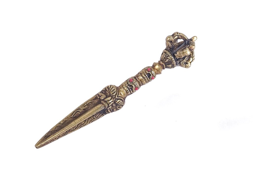 Ритуальный нож Пурба с пятиконечным ваджром длиной 16 см золотистого цвета от компании Интернет-магазин "Арьяварта" - фото 1