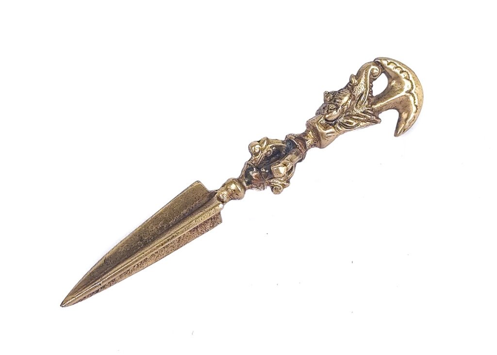 Ритуальный нож Пурба с пятиконечным ваджром и дигугом, выходящим из рта Макары, длиной 13,5 см от компании Интернет-магазин "Арьяварта" - фото 1