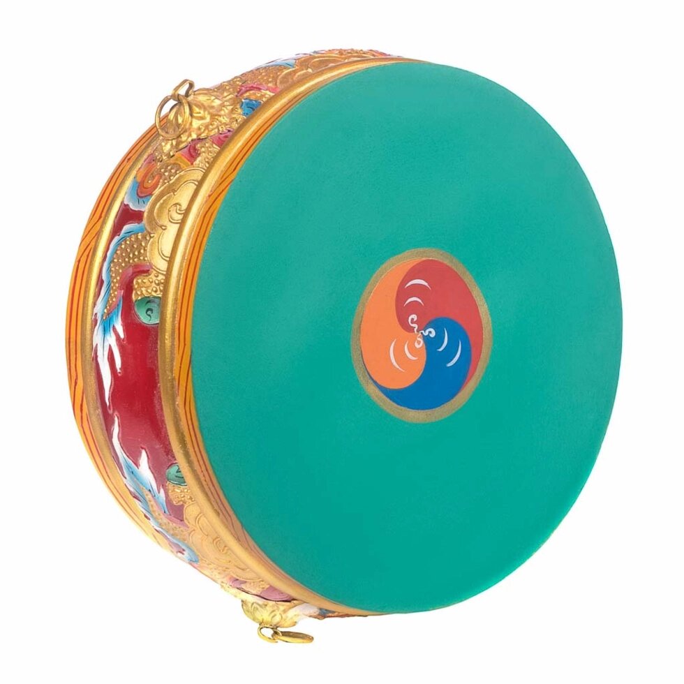 Тибетский барабан подвесной диаметр 30-35 см украшен резьбой и росписью от компании Интернет-магазин "Арьяварта" - фото 1