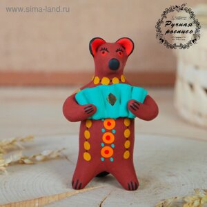 Дымковская игрушка "Медведь с цветком, с петухом, с гармонью", 11 см, микс