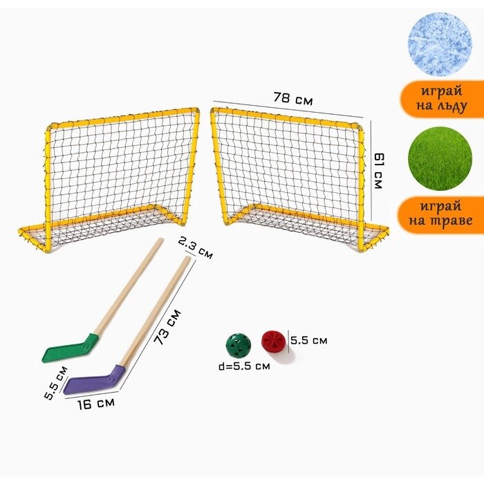 Хоккей, набор 6 в 1: клюшка 2 шт, ворота 2 шт, шайба, мячик, в коробке от компании Интернет-магазин Сима-ленд - фото 1