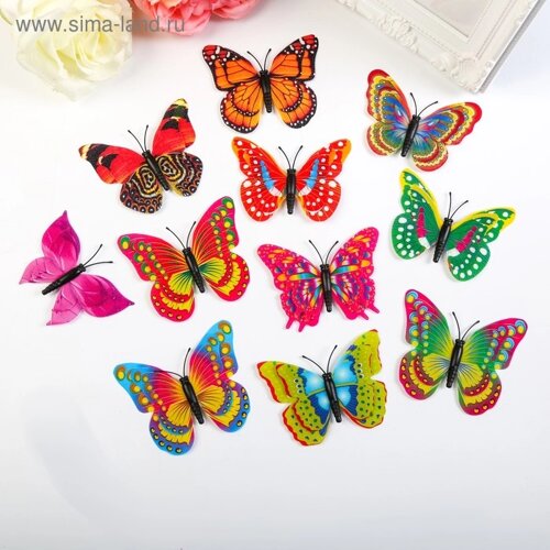 Магнит пластик "Бабочка радуга" двойные крылышки, МИКС 6,2х,7,1 см