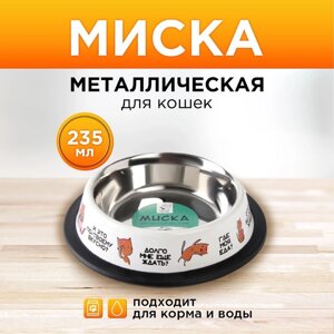 Миска металлическая для кошки с нескользящим основанием «Где моя еда?235 мл, 15х3.5 см