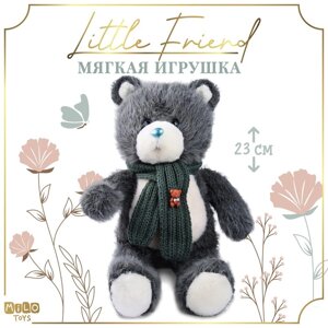 Мягкая игрушка "Little Friend", мишка с зелёным шарфом, цвет темно-серый