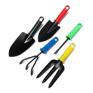 Набор садового инструмента, 5 предметов: 2 совка, рыхлитель, вилка, корнеудалитель, длина 27 см, пластиковые ручки,
